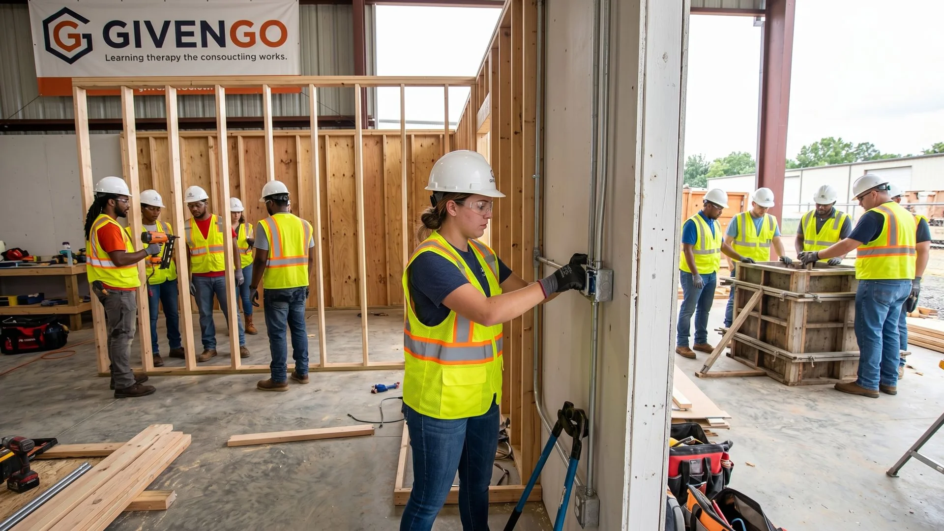 Charlotte construction site with workers and mentors
