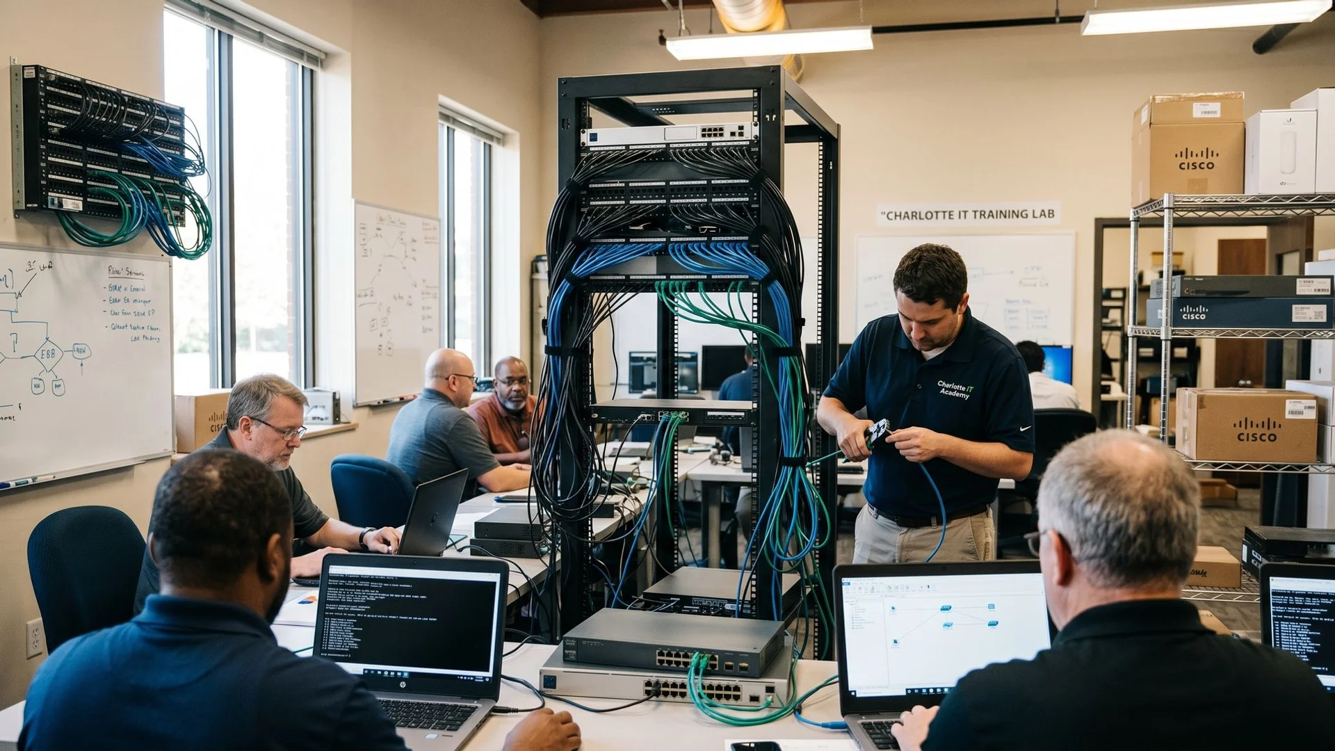 Charlotte technology lab with server racks and networking equipment